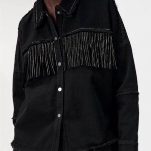 Zara Black Jean Jacket with Fringe Detail